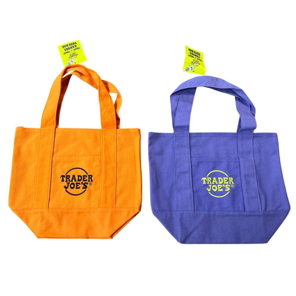 Trader Joe's Mini Canvas Tote Bag Set of 2 Orange and Purple Limited Edition NEW